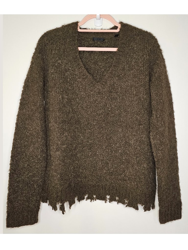 Atm Anthony Thomas Melillo Alpaca Merino Boucle Distressed Hem Sweater S Olive